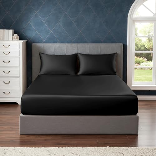 Image of Soft and Silk Satin Fitted Bedsheet for Single Size 36X75 +12 in - Elastic Fitted Sheet 400 TC Hotel Collection for Bedroom | Fitted Sheet with Pillow Cover - Black, Single Bed