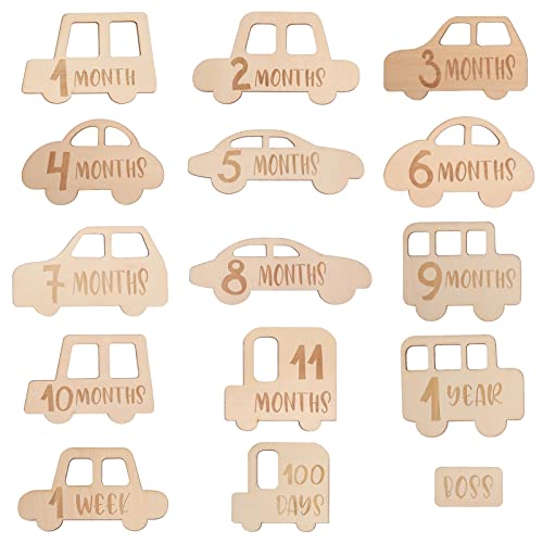 Image of Promise Babe 15pcs Baby Monthly Milestone Cards Wooden Baby Milestone Signs Photo Props Set with Drawstring Bag
