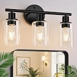 Zarbitta 3-Light Bathroom Light Fixtures, 17.23' Black Modern Vanity Lights with Clear Glass Shade, Bathroom Wall Lamp for Mirror Kitchen Living Room Hallway Cabinet Porch