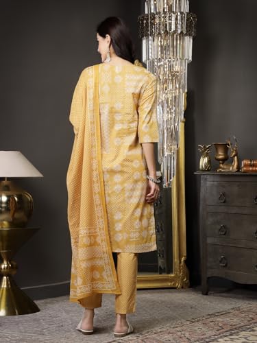 Stylum Women's Ethnic Motif Printed Cotton Straight Kurta Pant Dupatta Set (Kpdmustardsajla42_Mustard, Xl)