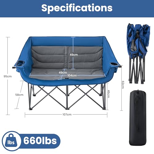 Asrug Silla de Camping Doble Acolchada para 2 Personas Plegable con Porta Vasos y Bolsillos Laterales Azul y Gris Oscuro miniatura 2