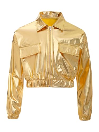 Jhaoyu Kids Girls Shiny Metallic Jacket Coat Long Sleeve Turn-down Collar with Flap Pockets For Hip Hop Dancewear3
