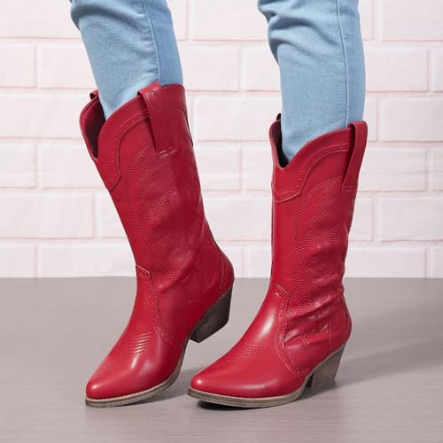 Image of SelRoys Cowboy Boots for Women Cowgirl Mid Calf Western Pointy Toe Boots Embroidered Stitched Chunky Heel Red Brown US5-11