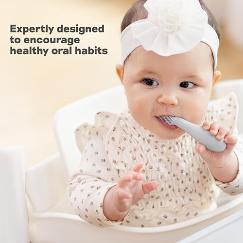 Image of ezpz Baby-Led Toothbrush (Pewter) - 3 Months + - 100% Silicone Infant Toothbrush with Sensory Bumps - Cleans Gums + New Teeth - Improves Hand-to-Mouth Coordination, Self-Feeding Skills