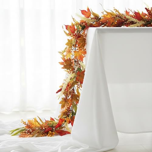 HipTree 6FT Fall Maple Leaf Garland with Wheat Grass Berries, Artificial Autumn Harvest Garland for Thanksgiving Halloween Mantle Fireplace Table Centerpiece Indoor Outdoor,Fall Decorations for Home — view 6