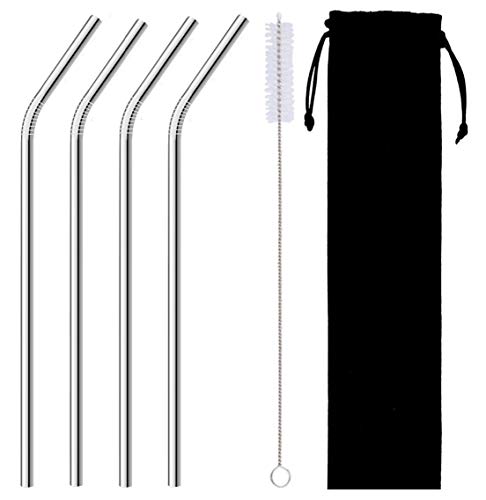 Metal Straws 10.5inch Stainless Steel Straws for Tumblers Yeti Cup with Cleaning Brush Carrying Pouch Pack of 4