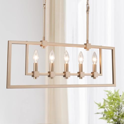 KSANA Gold Chandelier, Modern 5-Light Chandeliers for Dining Room, 28” Linear Kitchen Island Light fixtures for Living Room