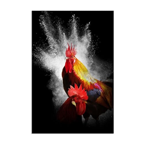 Tableau noir animalier deux coqs en impression sur toile grand format premium 120x80