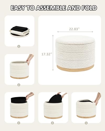 PINPLUS Chenille Folding Ottoman Footstool, Round Storage Ottoman, Soft Fabric, 330 lbs Load Capacity, Large Ottoman for Living Room, Bedroom, Dorm, White by PINPLUS - Image 10
