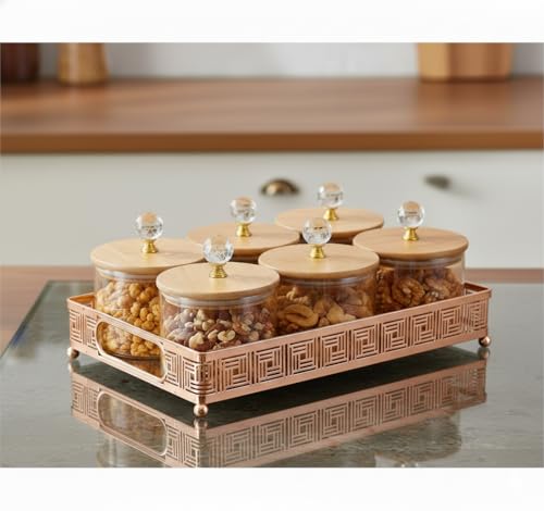 Image of Diwali Serving Dry Fruit Tray, 6 pcs Glass Container Serving Tray Set | 600 ML Each Premium Design Air-Tight Lid Copper Stand Organizer Bamboo jar Lid