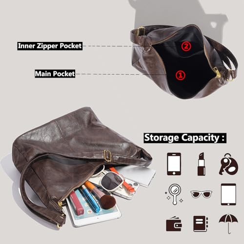 Hobo Bag for Women - Vegan Leather Slouchy Shoulder Purse with Adjustable Strap & Zipper Closure2