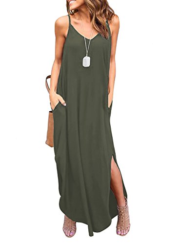 HUSKARY Women's Summer Casual Sleeveless V Neck Strappy Split Loose Dress Beach Cover Up Long Cami Maxi Dresses with Pocket Army Green