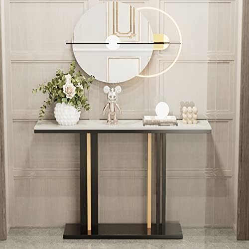 FATIVO Marble Console Table Sintered Stone:Luxury Modern Hallway Tables 118x30x78cm Snow Mountain White Textured Clear Marble Tabletop with Black and Gold Geometric Line Pedestal for Home Decor