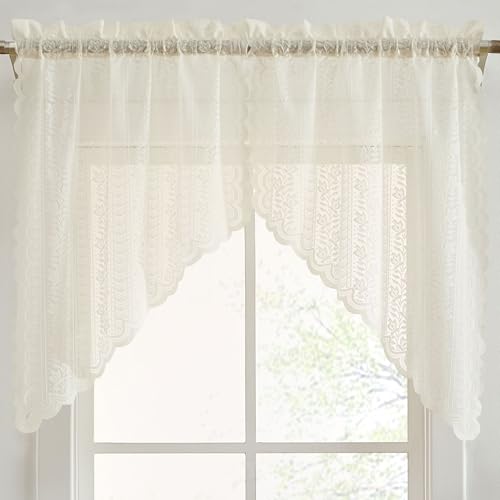 Sophia Lace Swag Curtains, Sheer Kitchen Valance - Ivory, 28x36, Set of 2