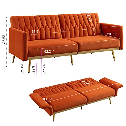Ttgieet 70" W Velvet Convertible Futon Sofa Bed, Mid Century Modern Decor, Tufted Loveseat Couch Sleeper Futon Sofa With Adjustable Armrests& Golden Metal Legs For Home Living Room Bedroom (Orange) #TOP1