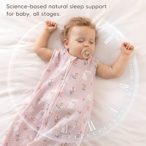 Image of david's kids Muslin Cotton Baby Sleep Sack 6-12 Months, 2 Pack 100% Cotton Sleep Sack for Summer, TOG 0.5 Baby Wearable Blankets with 2-Way Zipper, Soft Sleep Sacks for Newborn, Rabbit & Floral