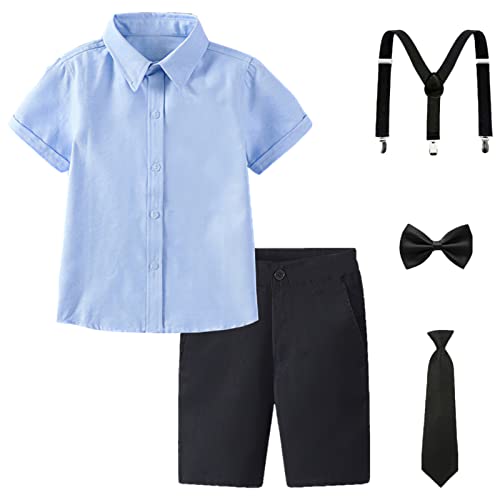 amropi Traje de Bautizo Niños Conjuntos de Camisa de Manga Corta y Pajarita y Pantalones Cortos y Tirantes Azul Negro, 7 8 años