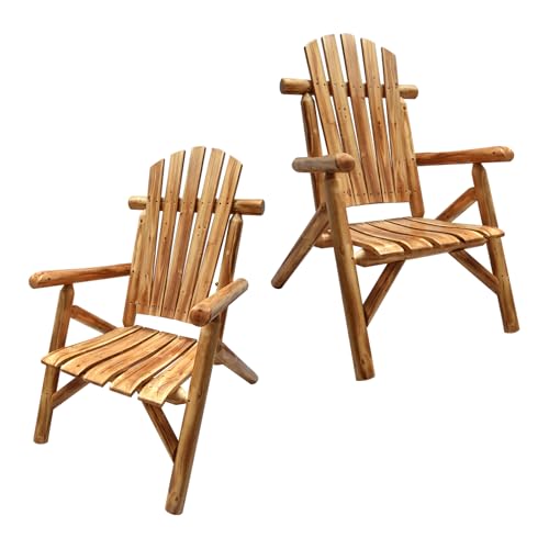 Anraja Outdoor Wooden Adirondack Chair Set of 2 Log Furniture Porch Patio Outside Rustic Seating Indoor Lawn Lounge Country Farmhouse Fire Pit Garden, Fir, Light carbonized