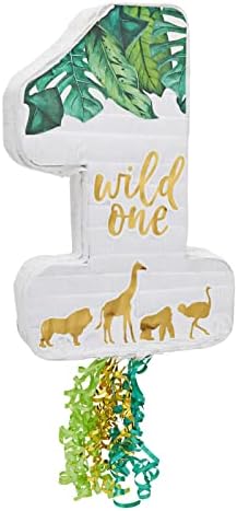 Number 1 Pull String Pinata for Wild One 1st Birthday Party Decorations, Zoo Theme (16.5 x 11.6 x 3 In)