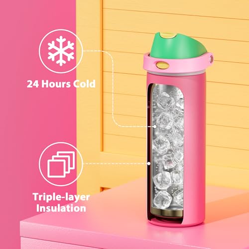 Image of 24 oz Insulated Water Bottle for Women: Meoky Stainless Steel Water Bottle with 2-in-1 Straw and Spout Lid - Leak Proof, Cold for 24 Hours, Fits in Car Cup Holder, BPA-Free for Sports Travel, Ruby