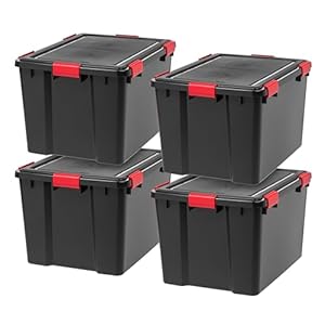 IRIS USA WeatherPro 74 Qt Storage Bins with Lids, 4 Pack, BPA-Free Plastic Gasket Box with Tight Latch and Seal, Stackable Nestable Tote Tub – Black/Red