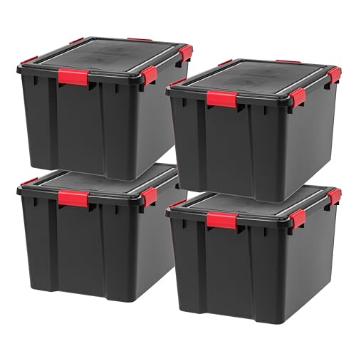 IRIS USA WeatherPro 74 Qt Storage Bins with Lids, 4 Pack, BPA-Free Plastic Gasket Box with Tight Latch and Seal, Stackable Nestable Tote Tub – Black/Red
