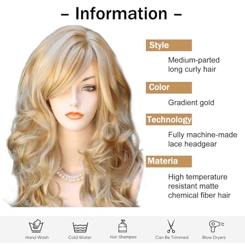 HTTDSLF Lange Gewellt Blonde Perücke, Lange Lockige Perücke mit Pony für Frauen, Lockige Volle Haar, Langhaarperücke Perücken Damen für Anime Cosplay Halloween Kostüm Party & Tägliches Outfit (Blond)