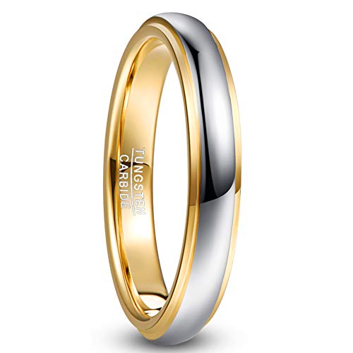 NUNCAD 4mm Rings for Men Women Two-Tone 14K Gold-Plated Tungsten Wedding Bands Silver-Plated Promise Ring Step Edges Size 10