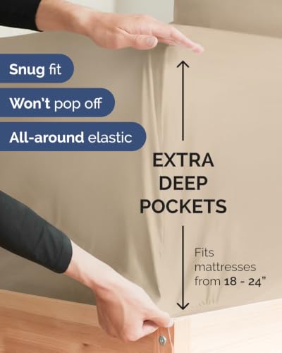 Image of Extra Deep Flex Top Split Head King Fitted Sheet - Hotel Luxury Single Fitted Sheet Only - Easily Fits 18 inch to 24 inch Mattress - Ultra Soft, Wrinkle Free w /Extra Deep Pockets - Cream