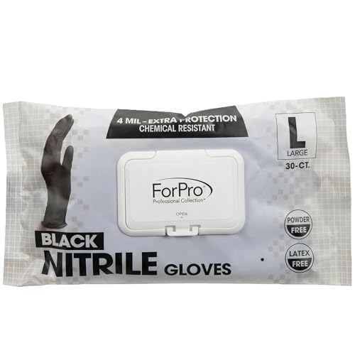 ForPro Professional Collection Disposable Nitrile Gloves Chemical Resistant Powder-Free Latex-Free Non-Sterile Food Safe 4 Mil Black Large 30-Count