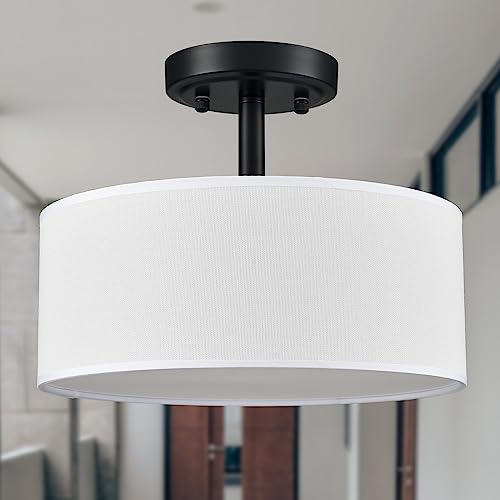 Image of Modern 3 Light Black Drum Semi Flush Mount Ceiling Light Fixture | Ceiling Mount for Hallway Bedroom Entryway Foyer Office