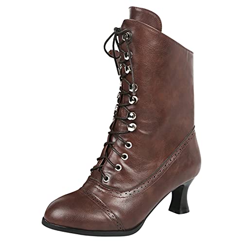 Image of SOOUICKER Ladies Mid Calf Lace Up Boots Women Wide Fit Gothic Steampunk Ankle Boots for Women with Heel