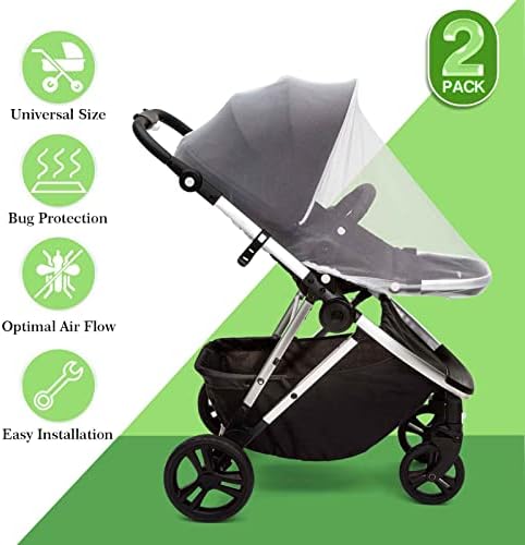 2 Pack Universal Mosquito Net - Baby Pram Net Bug Net Washable Fine Mesh Insect Protection Cover with Elastic Edge for Pushchairs, Car Seats, Pram, Stroller, Buggy, Carrycot, Travel cot (White)