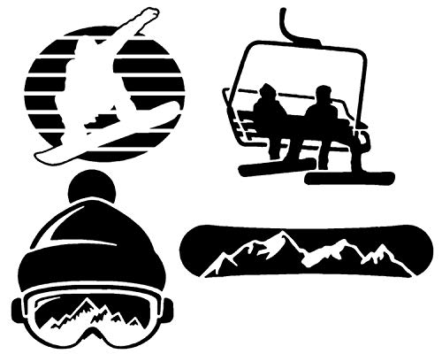Snowboarding Decal 4 Pack: Snowboard Mountain, Goggles Beanie, Chairlift, Silhouette (Large ~5", Black)