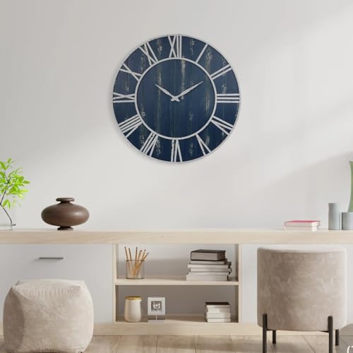 Old Oak Rustic Large Decorative Wall Clock with White Metal Frame & Navy Blue Wood (30-inch) - Image 2