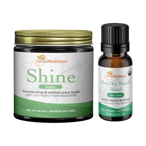 OraWellness Shine Remineralizing Natural Teeth Whitening Powder in Mint + Nut Free Healthy Mouth Blend Organic Toothpaste & Mouthwash Alternative Tooth Oil Cover