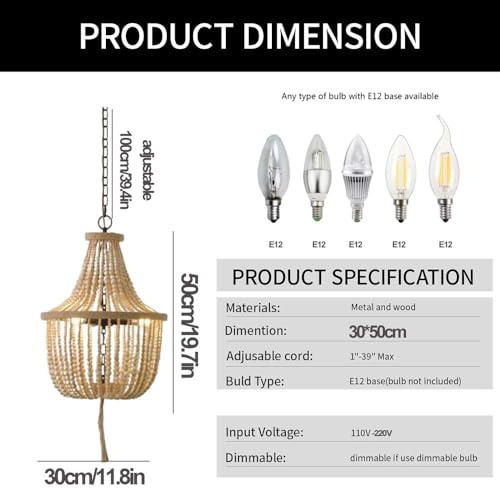 Lustre rustique suspendu en bois de 40 cm pour salon et chambre bohème