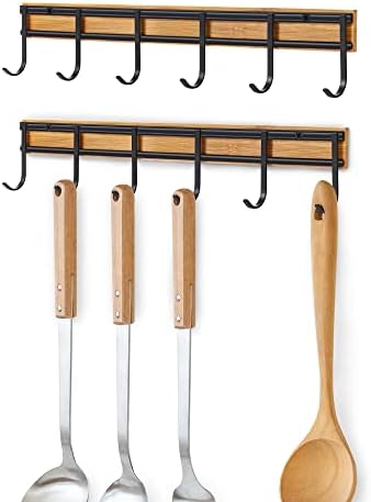ANGOSUFI Kitchen Utensil Rack, Wall Hooks Rack Kitchen Rail, Wall Mounted Accessory Hanger with 6 Hooks for Kitchen Bathroom Bedroom, Pack of 2