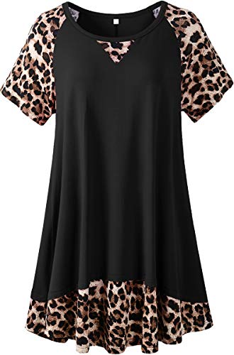 LARACE Plus Size Tops for Womens Summer Short Sleeve Tunic Shirts Crew Neck Leopard Color Block Tee