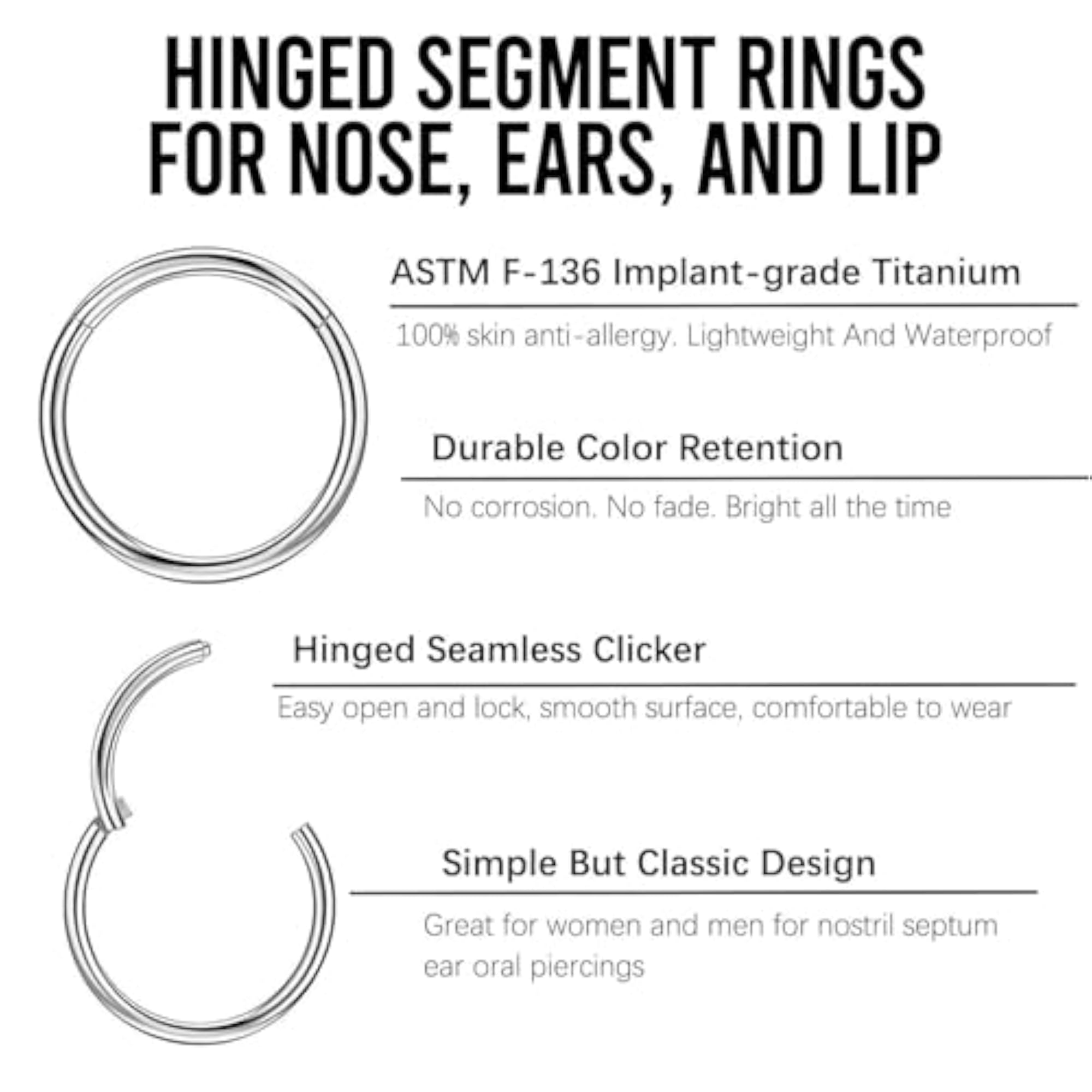 2Pcs Titanium Hinged Piercing Rings Hoop Set