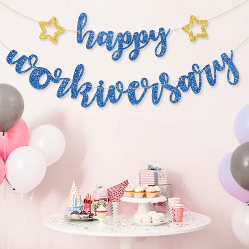 Image of Happy Workiversary Banner Work Anniversary Decorations Work Office Party Decoration Supplies Blue Glitter
