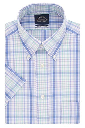 Eagle Men's Short Sleeve Dress Shirt Regular Fit Non Iron Stretch Collar Check, Green Multi, 17.5