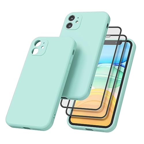 AK Funda para iPhone 11 con 2Piezas Protector de Pantalla Cristal Templado,Funda de Liquida Suave Silicona para iPhone 11 Carcasa Protectora Anti-Choque Case(Cian Claro)