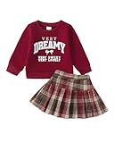 Kucnuzki Toddler Girl Clothes 2t 3t Girl Clothes Fall Winter Kids Red Long Sleeve Graphic T Shirt Brown Plaid Short Pleated Skirt Dress Cute Kid Clothing Set