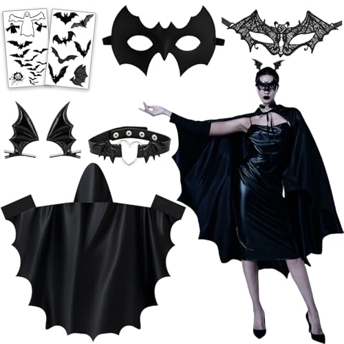 Fledermaus Kostüm Damen, Halloween Kostüm Damen, 8 Stück Federmaus Zubehör Set Einschließlich Bat Umhang Erwachsene Tattoo Maske Haarnadel und Halskette, Bat Kostüm für Halloween Weihnachten Party
