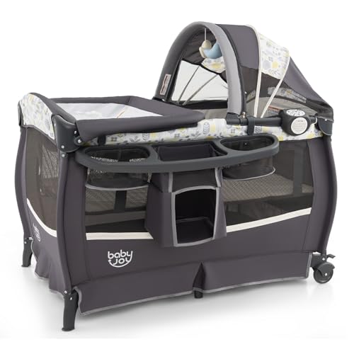 BABY JOY 4 in 1 Pack and Play, Portable Baby Playard with Bassinet & Flip-Away Changing Table, Canopy, Portable Bedside Crib with Storage Basket, Oxford Bag, Infant Bassinet from Newborn to Toddlers
