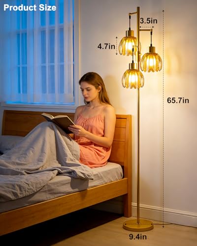 Image of Lightdot 65'' Glass Floor Lamp Dimmable Gold with Brown Lotus Glass Shade & 3000K Bulbs Included 3-Lights Modern Tall Standing Lamp with 5Lbs Heavy Base for Living Room /Bedroom /Sofa /Corner Decor