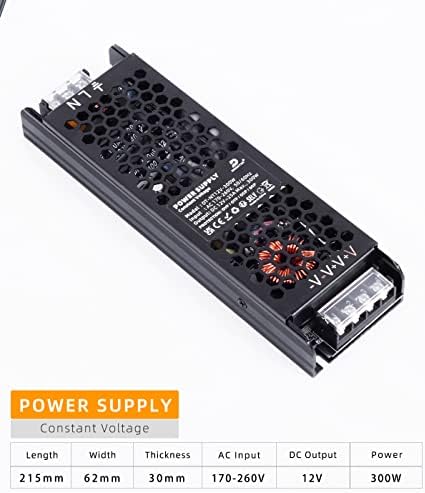 DUSKTEC LED Driver 12V LED Transformer 300W 25A, Slim LED Power Supply AC 240V to DC 12V, Constant Voltage Adapter for LED Strip Lights Cabinet Light G4 MR11 MR16 LED Bulbs LED Display