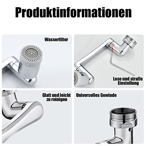 YRAKOZIN 1440 Grad Drehbarer Multifunktionaler Verlängerungshahn, Wasserhahn Aufsatz mit 2-Fach Einstellbarer Perlator für Küche Bad, 1080° Wasserhahn Verlängerung mit Perlatoren - Silber