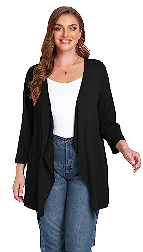 Tianzhu Cardigan For Women Lightweight 3/4 Sleeve Summer Casual Plus Size Sheer Cardigan Open Front Draped Elbow Sleeve Evening Top 4Xl Black #TOP1